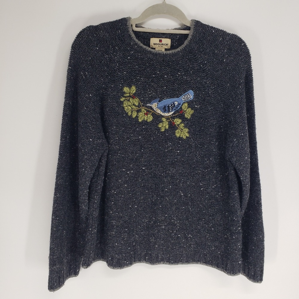 Woolrich Blue Jay Bird Embroidered Sweater Women Size L Gray Onyx Heather Knit